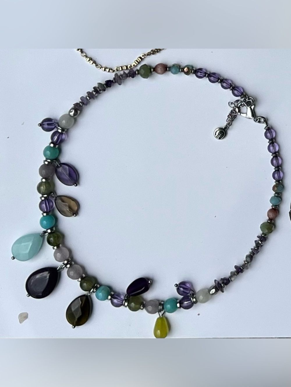 Multicolored Beaded Teardrop Necklace - Purple, Aqua & Olive